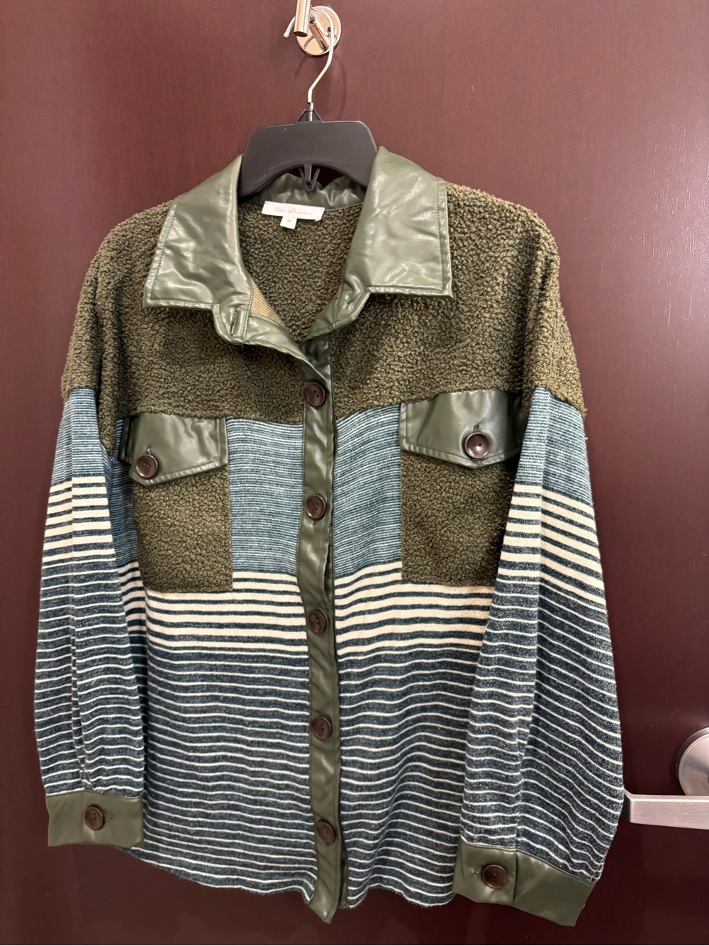 Ces Femme Olive Green Faux Leather & Sherpa Mixed Media Shacket Size Medium